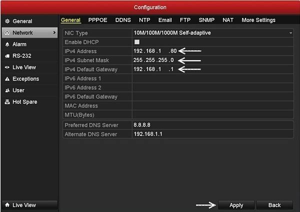 Menu de configuracion de red DVR Hikvision